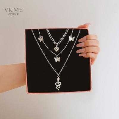 China High Quality New Color VKME Silver Butterfly Heart Multilayer Necklace For Women Fashion Jewelry Gifts for sale