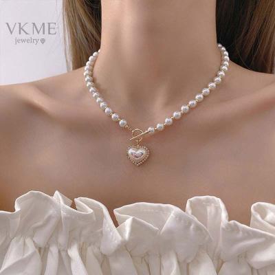 China New Fashion Women High Quality VKME Girls Jewelry Korean Style Heart Pendant Pearl Necklace for sale