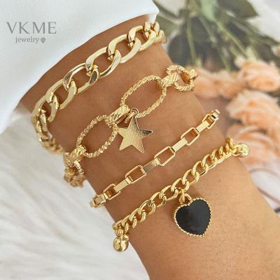 China High Quality VKME Punk Cuban Link Star Heart Thick Chain Bracelets Set Gold Plated Chunky Charm Bracelets & Bangles Women Fashion Jewelry for sale