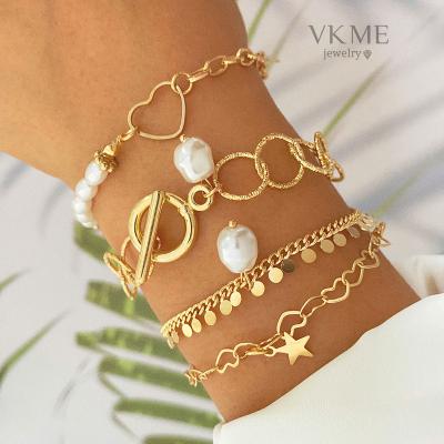 China VKME 2022 High Quality New Fashion Pearl Gold Plated Bracelet Set for sale