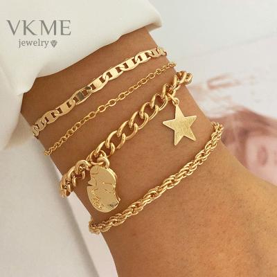 China VKME 2022 High Quality Fashion Gold Star Cuban Chain Bracelet Set For Women Jewelry for sale