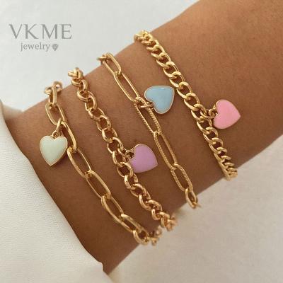 China High Quality Fashion Women Jewelry Colorful Cuban Heart Chain Pendant Bracelet Set for sale