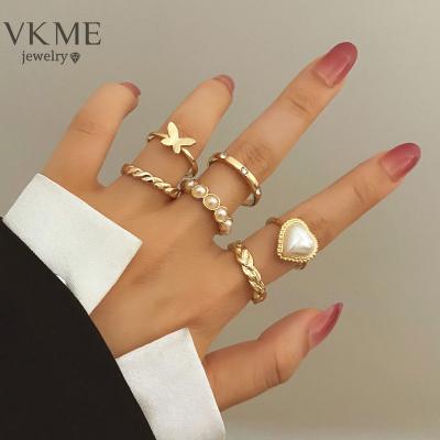 China High Quality VKME New Fashion Pearl Gold Light Luxury Butterfly Ring Set For Women Jewelry for sale