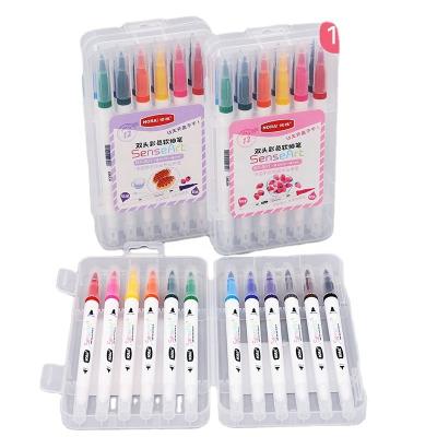 China Promotional Nylon Watercolor Brush Pen 12 Colors Brush Dual Tip Stationery Water Color Paint Marker Pens Set For Kids Adults for sale