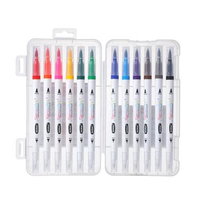 China PP 24 Color Art Markers Water Color Tips Dual Fineliner Pen For School Kids Colored Dual Head Brush Pen Set Wholesale for sale