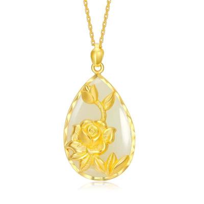 China Gold Inlaid Jade Bird Flower Jewelry Necklaces Vintage Chinese Style Punk Gold Plated Lotus Jade Necklace Hotan Jade Pendant for sale