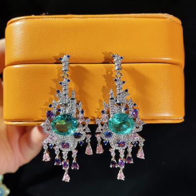 China S925 new 2021 FASHIONABLE silver needle color zircon castle tassel earrings shape earrings temperament green earrings for sale