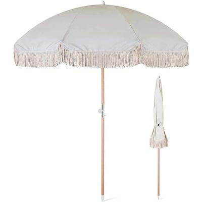 China CLASSIC Parasol Beach Umbrella With Tassels Outdoor Solid 6.5FT Wooden Pole Beach Umbrella With Fringe No Bottom Cream White for sale