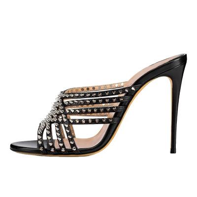 China Wholesale New Design Anti-slippery Black Open Toe High Heel Mules Stylish With Spikes Straps Summer Shoes For Women for sale