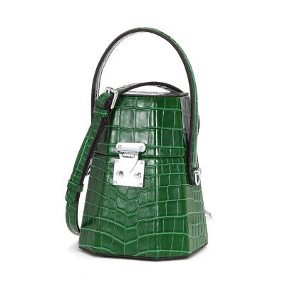 China Wholesale GENUINE LEATHER Lime Green Women Leather Bulk Designer Handbags Mini Lock Stitched Portable Crocodile Pattern Female Cross - Body Bags for sale