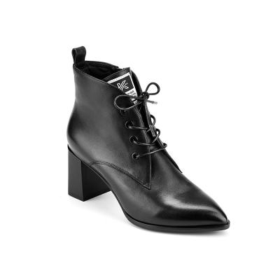 China Custom ankle boots wholesale deodorization black leather thick heel women's boots 2021 new leather trim boots women shoes for sale