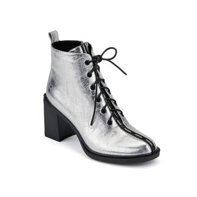 China Deodorization GOTTI New Arrival 2021 silver thick heel ankle boots fancy leather spring lace up waterproof hot sale ladies high heel shoe for sale