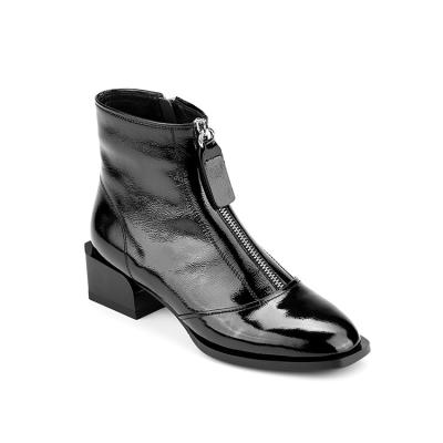 China British deodorization spring 2021 flat ankle boots fashion black head square patent leather small heel zipper short boots ladies ankle boots for sale