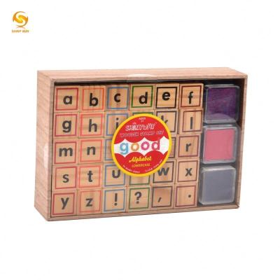 China Material ShinyWay Wooden Stamp Seal Toy Set Craft Wooden Stamp Kids Name Alphabet Wooden Letter 30 Stamps 6 Color Ink Pads For Kids for sale