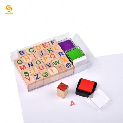 China Shinyway Wood Material Professional Alphabet Craft Wooden Rubber Stamp Kids Name Letter Wooden 30 Stamps 4 Color Ink Pads For Kids for sale