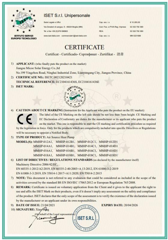 CE - Jiangsu Micoe Solar Energy Co., Ltd.