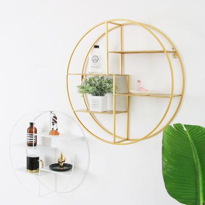 China Minimalist Iron Round Household Books Plant Pot Rack Wall Hanging Rack Wood Shelf for sale