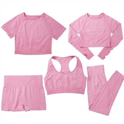 China Top Breathable Seamless Breathable Crop Top 5 Piece Shorts And Bra Yoga Clothing Set Women Fitness Gym Sport Running Bar 5 In 1 Piece 5PC Clothes Yoga Set for sale