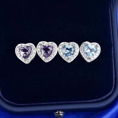 China 925 Sterling Silver Natural Sky Blue Topaz Earring Heart Shape Amethyst Color Romantic Temperament Woman Treasure Earrings for sale