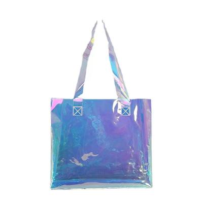 China Custom Clear Hologram Handbags Women Wear Resistant Clear Shopping Holographic Shoulder Bags Laser TPU Printing Beach Tote Bag for sale