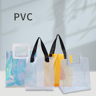 China Lightweight Clear Iridescent Transparent PVC Rainbow Beach Tote Bag With Nylon Webbing Holographic Candy Colors Soft PVC Jelly Bag Handbags for sale