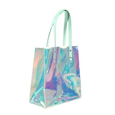 China Waterproof Hologram Gleen Iridescent Reflective Handbags Colorful TPU Jelly Bag Tote Bag Holographic Transparent PVC Clear Beach Small Bag for sale