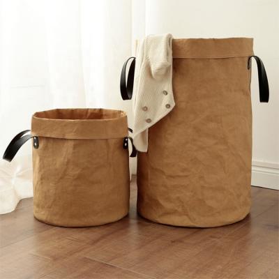 China 100% Sustainable Recycled Kraft Paper Folding Eco-Friendly Washable Thick Household Toys Laundry Storage Basket Set for sale