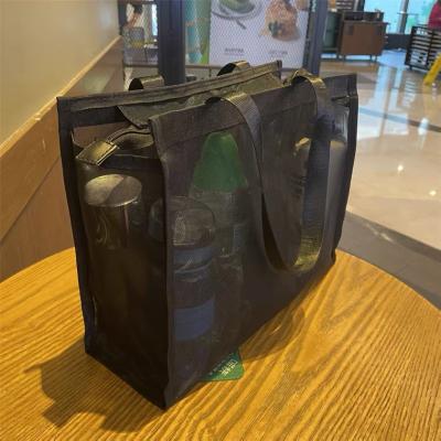 China Fashion Large Capacity Super Multi Function Transparent Black Mesh Beach Bag Handbags Tote Sandbeach Bag For Summer Travel Poor for sale