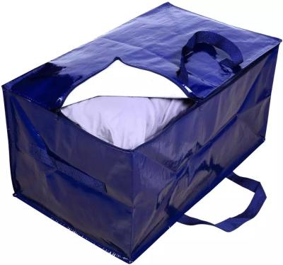 China Water Resistant Large Capacity Foldable Handbag Heavy Duty Laminated Blue Mobile Storage Bags Tote Bags with Zippers for Covering Clothing Storage for sale