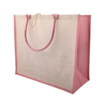 China 100% High Quality Eco-friendly Burlap Tote Bag Natural Linen Grocery Pink Multi Colors Jute Hemp Woman Handbags for sale