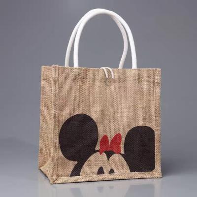 China 100% Eco-Friendly Custom Medium Jute Printed Food Universal Cute Tote Lunch Bag With Zipper Student Cartoon Burlap Hemp Custom Bag for sale