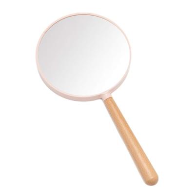 China Double Sided Wooden Handle 3x Magnifying Glass Shaving Mirror Multiple Shapes Hand Held Vanity Mirror with Removable Wooden Handle for sale