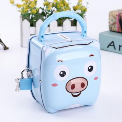 China Recycled Saving Materials New Design Money Tin Box Kids Metal Can Coin Purse Bank Piggy Shape Coin Tin With Lock And Key for sale