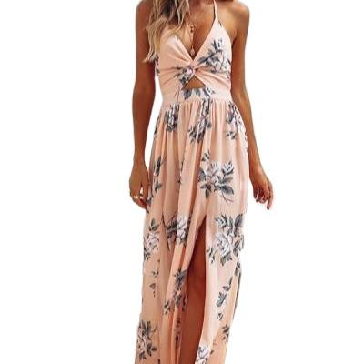 China Anti-wrinkle Summer Dress Bohemian Printed Maxi Thigh Split Dress Long V-Neck Bandage Dresses For Women for sale