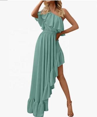 China Anti-Wrinkle New American Summer Clothing Sexy Solid Flowy Style One Shoulder Irregular Ruffle Long Dress Casual for sale