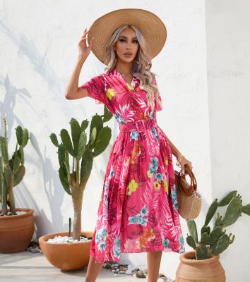 China Anti-wrinkle summer European and American ladies elegant beach shorts sheath floral pleated belted shift dress for sale