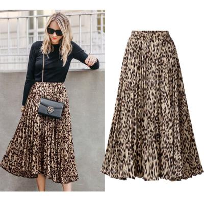 China High Quality Anti-Static Women's OEM Fashion Plus Size Leopard Print Mid Length Pleated Elastic Waist Skirts Manufacturer for sale