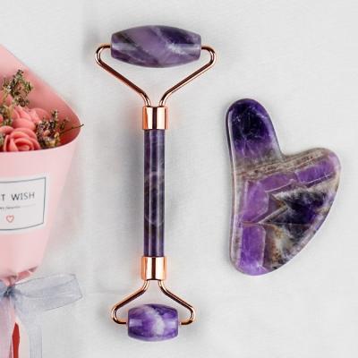 China Whitening Other Natural Stone Jade Jade Roller And Gua Sha Amethyst Face Massager Roller Amethyst Face Roller Skin Care Tool for sale