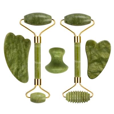 China Whitening Healing Massage Stones Face Genuine Jade Stone Green Jade Roller Gua Sha Set Jade Roller Anti Aging Facial Massage Therapy for sale