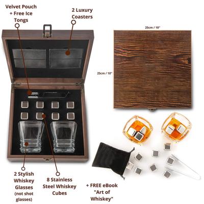 China Viable Stainless Steel Ice Cube Whiskey Glasses Set Whiskey Stones Wooden Box Glass Set for sale