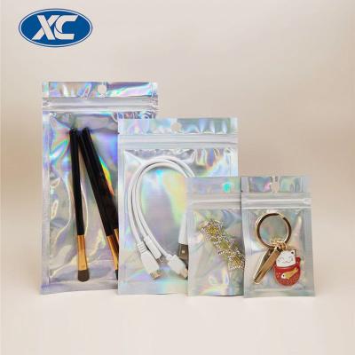 China Holographic Mylar Foil Zip Front Bags Translucent Laser 3 Seal Moisture Proof Clear Packing Side Pouch for sale