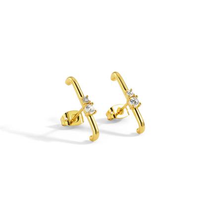 China Romantic Popular Designer Jewelry 14k Gold Plated Copper Geometric Zircon Stud Earrings For Woman 2021 for sale