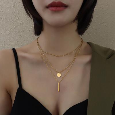 China Fashionable Europe and America 18K gold plated 316 stainless steel vintage double layer multi layered necklace with round coin pendant for sale