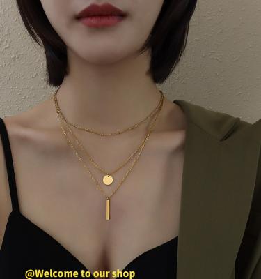 China Europe and America Trendy Women 18K Gold Layering Stainless Steel Multi Two Layered Choker Necklace with Vertical Pendant for sale