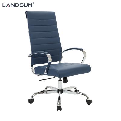 China (Height)Bavy Adjustable Blue PU Leather Executive Chair Metal Frame Furniture Chromed Swivel Office Chair for sale