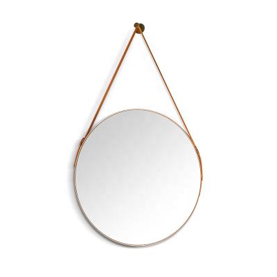 China D Cor Wholesale Home Decor Vintage Hung Gold Round Metal Frame Antique Leather Strap Wall Decorative Mirror for sale