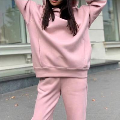 China 2021 ladies breathable custom logo autumn winter poly cotton fleece hoodie causal suits and sports tracksuit set for women for sale