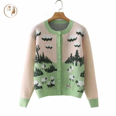 China Autumn Winter Women Crew Neck Sheep Cloud Three-Dimensional Pattern Sweater Knitted Green Print Loose Long Sleeve Cardigan Anti-Shrink for sale