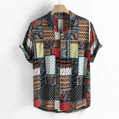 China Mens Vintage Ethnic Style Anti-Shrink Printing Loose Short Stand Collar Casual Shirt for sale