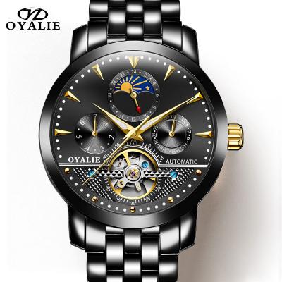 China Chronograph Fashion Business Black Steel Belt 30 Meter Waterproof Automatic Mechanical Watch Skeleton Male Watch for sale